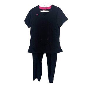 Scrubstar Womens Set Black Scrub Top Size M With Pink Trim Polyester/Rayon/Spand